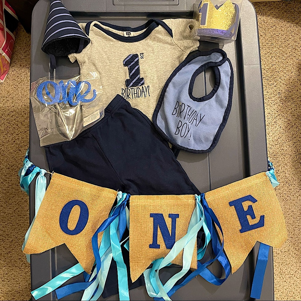 Baby boy 1st birthday outfit and decorations